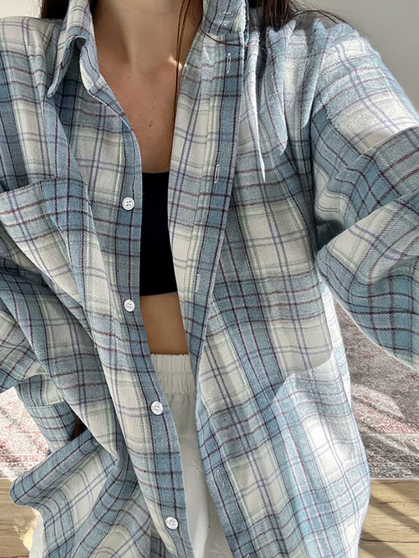 Mumaroho, 2024 m., rudens, žiemos žiemos ilgomis rankovėmis mėlyni languoti marškiniai Vintažiniai negabaritinės palaidinės, skirtos moteriai