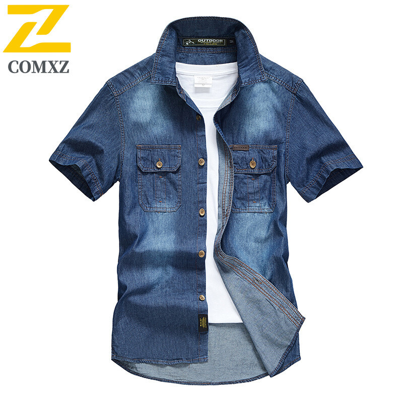 Vasariniai džinsiniai marškiniai trumpomis rankovėmis Vyriški madingi retro stiliaus ploni, kvėpuojantys mėlyni marškiniai, vyriškas laisvalaikio fotografijos kelioninis kišeninis švarkas