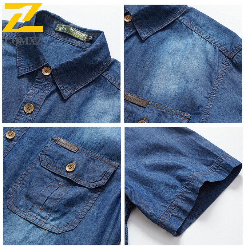Vasariniai džinsiniai marškiniai trumpomis rankovėmis Vyriški madingi retro stiliaus ploni, kvėpuojantys mėlyni marškiniai, vyriškas laisvalaikio fotografijos kelioninis kišeninis švarkas