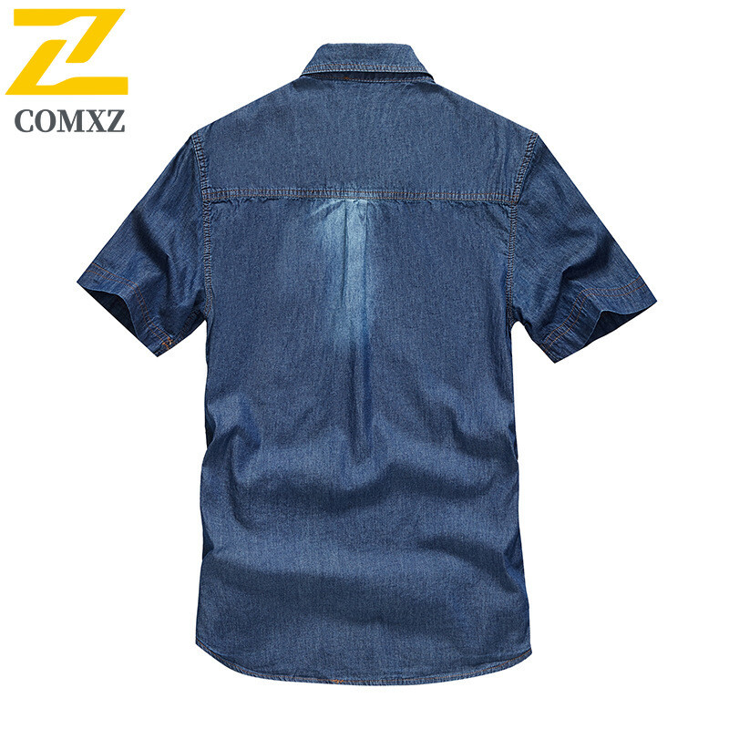 Vasariniai džinsiniai marškiniai trumpomis rankovėmis Vyriški madingi retro stiliaus ploni, kvėpuojantys mėlyni marškiniai, vyriškas laisvalaikio fotografijos kelioninis kišeninis švarkas