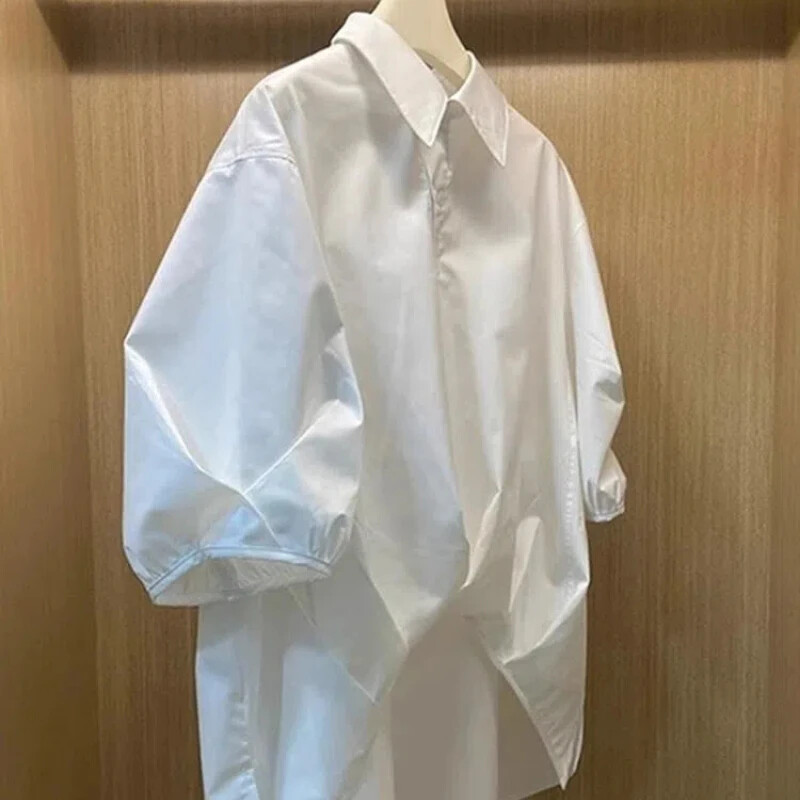 Asimetriska kroku brīva vintage blūze Vasaras jauna ar īsām piedurknēm masīvi ielas ikdienas kreklu topi Modes eleganti sieviešu apģērbi