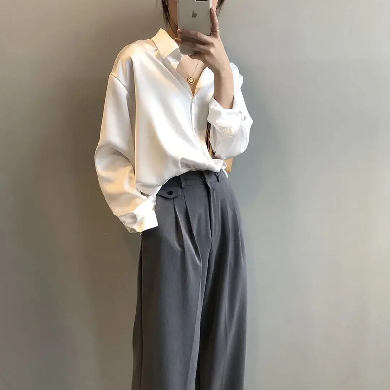 Šilkiniai korėjiečių biuro moteriški elegantiški marškiniai palaidinė Moteriški viršūnės Madingi mygtukai Satininiai marškiniai ilgomis rankovėmis Marškiniai Viršus Femme camisas