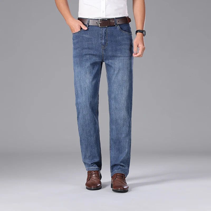 2024. gada vasara, jauni vīriešu taisni gaiši krāsu luksusa džinsi, biznesa brīvā laika pavadīšana klasiski elastīgi, plānas mīkstas bikses džinsa bikses vīriešiem
