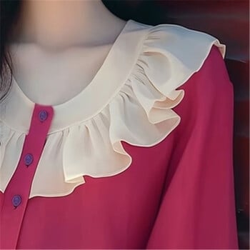 Limiguyue Rose Red Chiffon Μπλούζα Φθινοπωρινό μπλουζάκι με βολάν Γαλλικό απαλό μακρυμάνικο μονό στήθος γυναικεία μπλουζάκια Κορεάτικα 376P