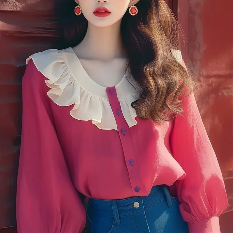 Limiguyue rožinė raudona šifoninė palaidinė, rudeninė, raukiniai marškiniai, prancūziški, švelnūs ilgomis rankovėmis, viena krūtinė, moteriški viršutiniai korėjietiški 376P