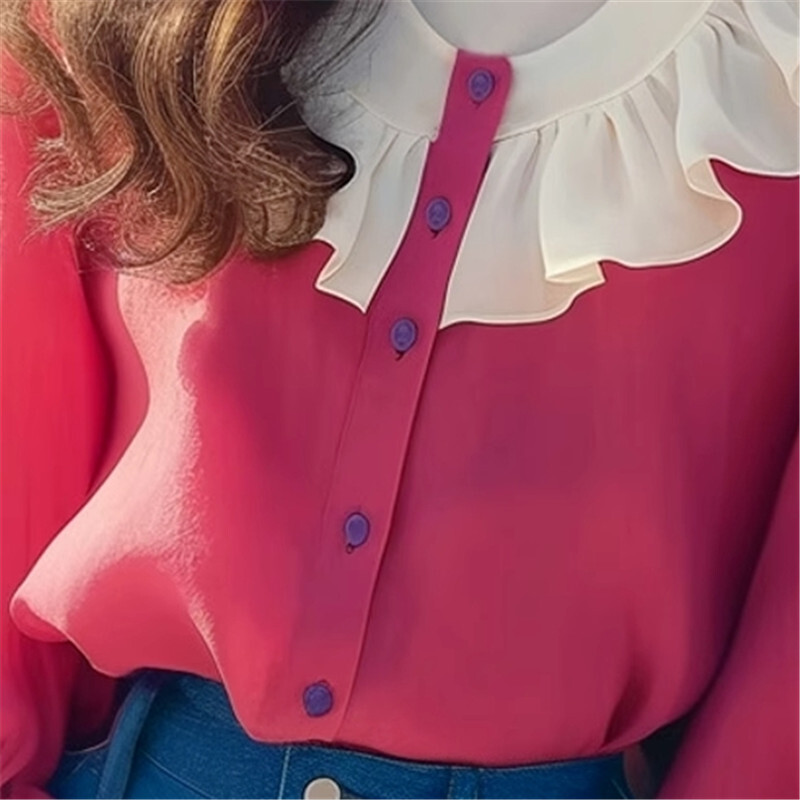 Limiguyue rožinė raudona šifoninė palaidinė, rudeninė, raukiniai marškiniai, prancūziški, švelnūs ilgomis rankovėmis, viena krūtinė, moteriški viršutiniai korėjietiški 376P