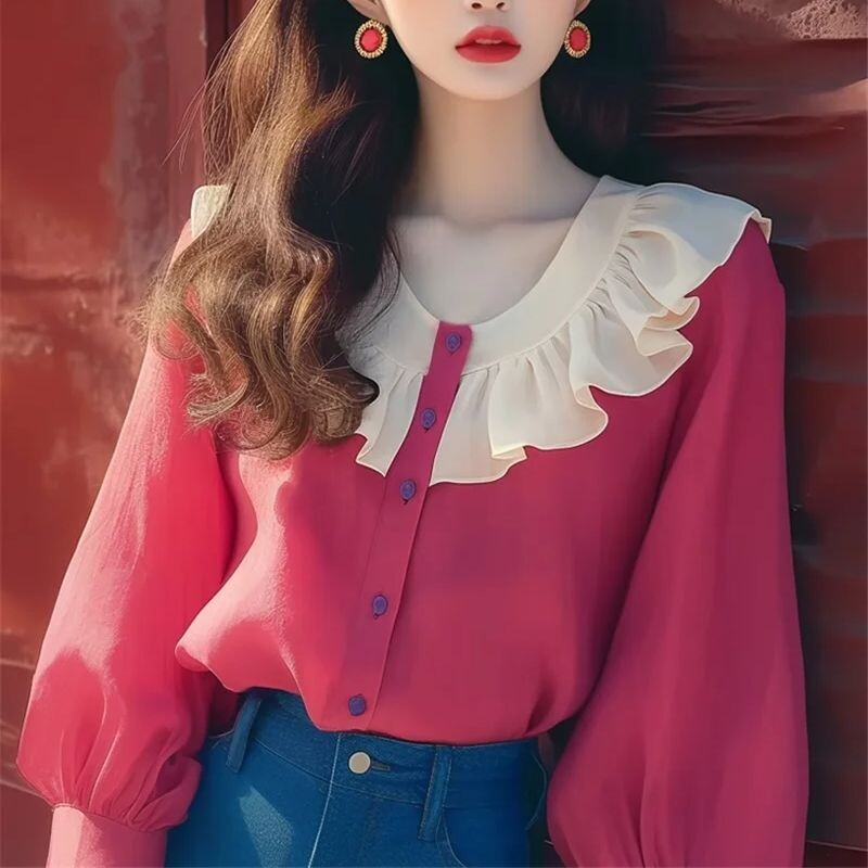 Limiguyue rožinė raudona šifoninė palaidinė, rudeninė, raukiniai marškiniai, prancūziški, švelnūs ilgomis rankovėmis, viena krūtinė, moteriški viršutiniai korėjietiški 376P