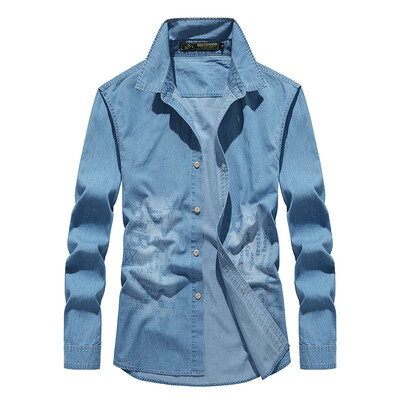 Muške retro ležerne traper košulje dugih rukava Visokokvalitetne muške pamučne plave traper košulje Nove proljetne muške modne traper košulje 5XL