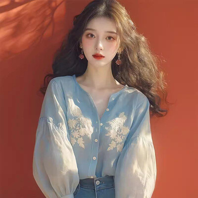 Limiguyue zili apdrukāta blūze pavasara rudens salda, vienrinda ar nolaižamām piedurknēm sieviešu topi Princeses stila brīvi krekli, maigi 429P