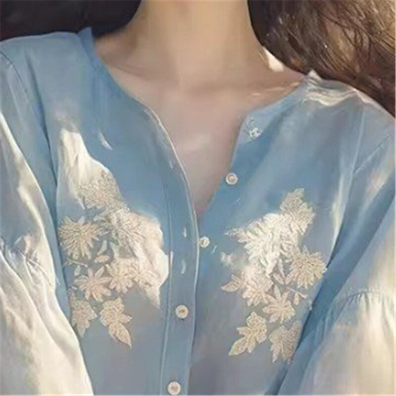 Limiguyue zili apdrukāta blūze pavasara rudens salda, vienrinda ar nolaižamām piedurknēm sieviešu topi Princeses stila brīvi krekli, maigi 429P