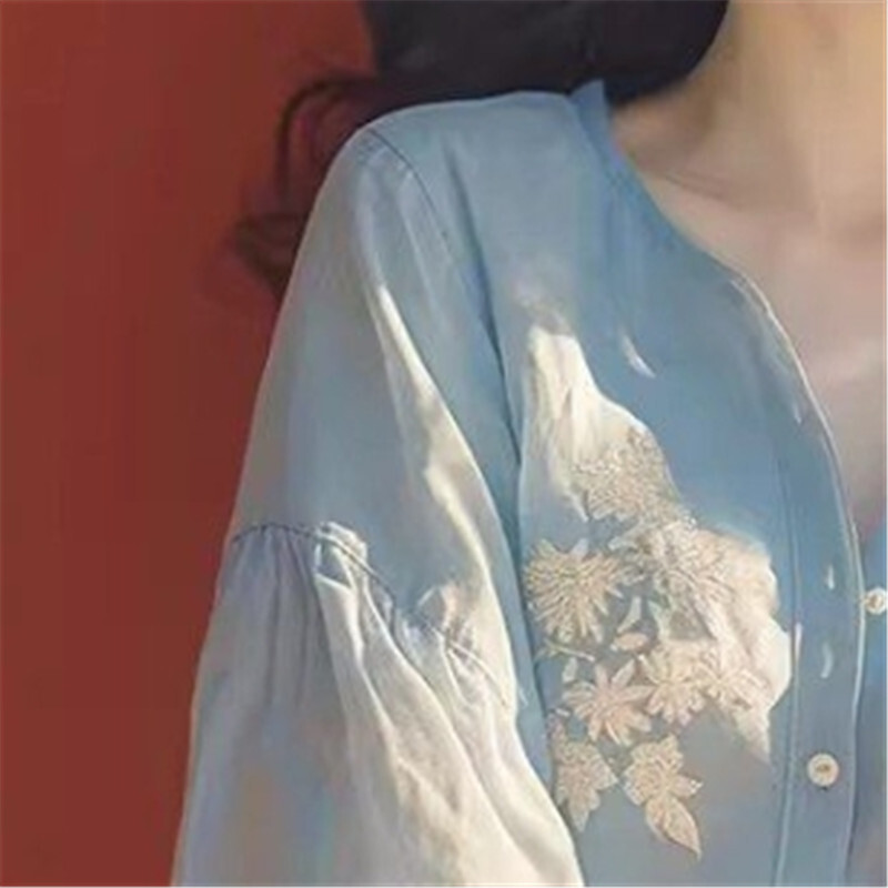 Limiguyue zili apdrukāta blūze pavasara rudens salda, vienrinda ar nolaižamām piedurknēm sieviešu topi Princeses stila brīvi krekli, maigi 429P