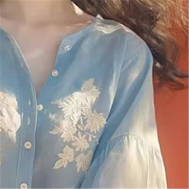 Limiguyue zili apdrukāta blūze pavasara rudens salda, vienrinda ar nolaižamām piedurknēm sieviešu topi Princeses stila brīvi krekli, maigi 429P