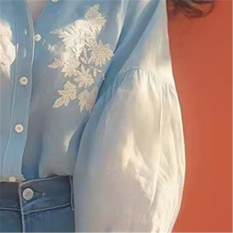 Limiguyue zili apdrukāta blūze pavasara rudens salda, vienrinda ar nolaižamām piedurknēm sieviešu topi Princeses stila brīvi krekli, maigi 429P