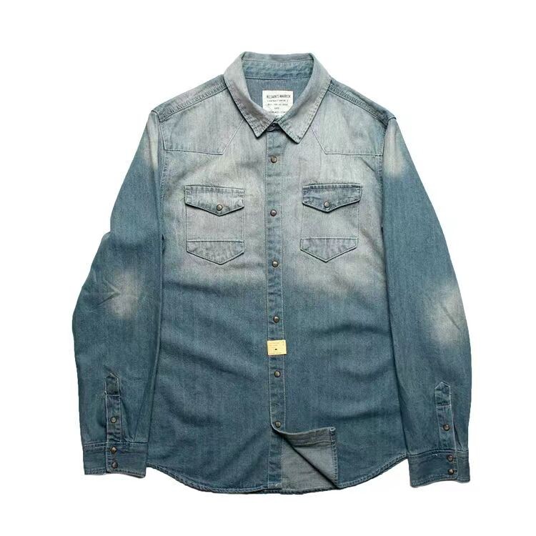 Amerikietiško britiško stiliaus chaki stiliaus retro skalbimo ir senų vyriškų darbo drabužių drabužiai ilgomis rankovėmis džinsiniai marškiniai striukė Vyrai