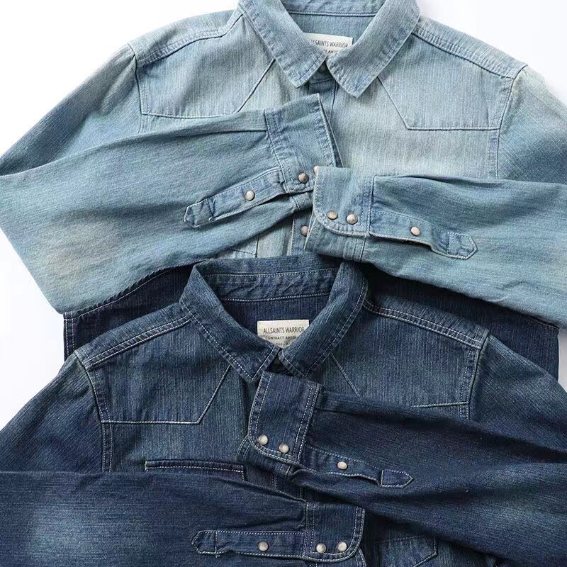 Amerikietiško britiško stiliaus chaki stiliaus retro skalbimo ir senų vyriškų darbo drabužių drabužiai ilgomis rankovėmis džinsiniai marškiniai striukė Vyrai