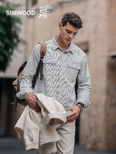 SIMWOOD High Standard 2025 Spring New Oversize 7oz Industrial Stripe ilgomis rankovėmis darbo marškiniai Vyriški džinsiniai marškiniai su krūtine