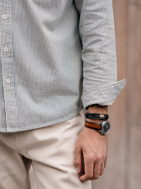 SIMWOOD High Standard 2025 Spring New Oversize 7oz Industrial Stripe ilgomis rankovėmis darbo marškiniai Vyriški džinsiniai marškiniai su krūtine