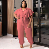 Didelio dydžio laisvalaikio dviejų dalių rinkinys Tvirtas vasaros apykaklė trumpomis rankovėmis kaklaraištis mazgas apkarpytos viršutinės kelnės 2 vienetų per didelis sportinis kostiumas