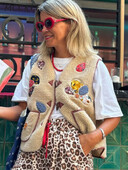 Casual Print lambavillast vestid, naiste V-kaelus, varrukateta sarvedeta nööbid, taskud, paagid, Camis 2024. aasta sügisene daami vintage tänava vest