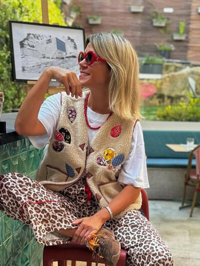 Casual Print lambavillast vestid, naiste V-kaelus, varrukateta sarvedeta nööbid, taskud, paagid, Camis 2024. aasta sügisene daami vintage tänava vest