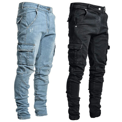 Blugi cu elastic de stradă Pantaloni cargo din denim pentru bărbați, spălat, culoare uni, cu mai multe buzunare, ocazional, pantaloni cu talie mijlocie, slim fit, îmbrăcăminte zilnică, pantaloni de jogging