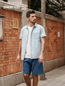 SIMWOOD High Standard Series 2025 Summer New Oversize, trumpomis rankovėmis 7 uncijos skalbti džinsiniai marškiniai Vyriški siuvinėti logotipo viršūnės