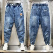 Korejiešu modes vīriešu luksusa apģērbs, 2024. gada rudens džinsa džinsi ar izšuvumu, elastīgas, elastīgas harēma bikses