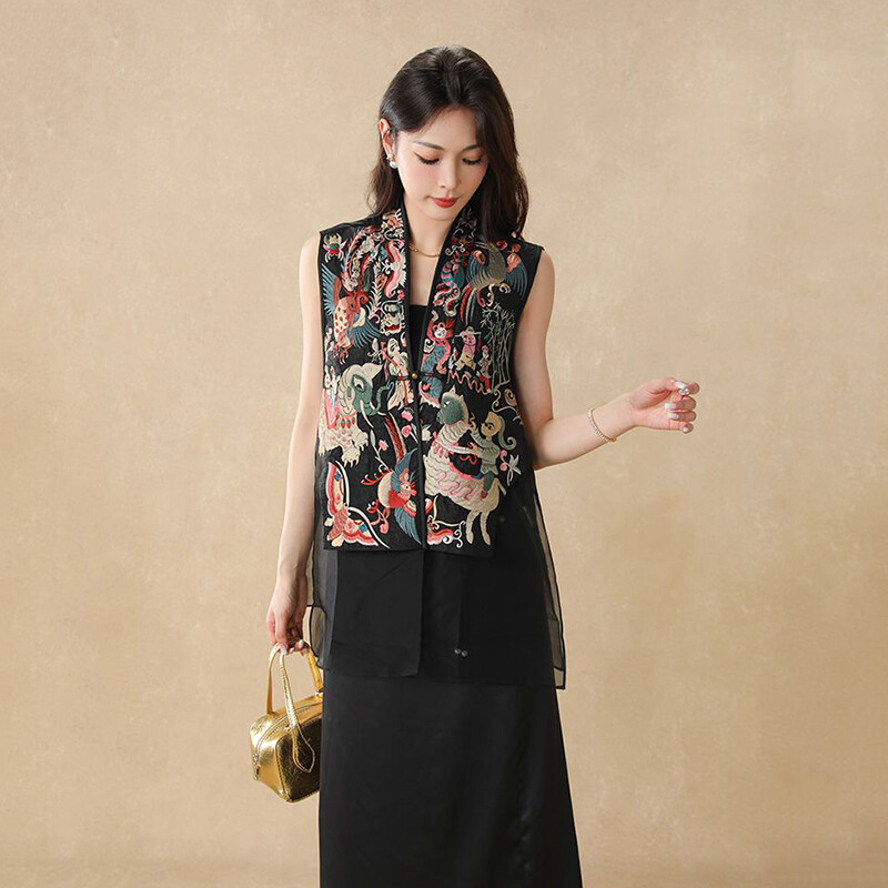 Vintažinės kinų stiliaus liemenės švarkas, susiūtas tinklelis, išsiuvinėtas sagtimi Tang kostiuminis paltas Vasarinė unikali moteriška liemenė be rankovių