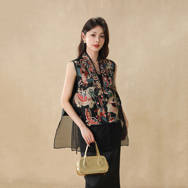 Vintažinės kinų stiliaus liemenės švarkas, susiūtas tinklelis, išsiuvinėtas sagtimi Tang kostiuminis paltas Vasarinė unikali moteriška liemenė be rankovių