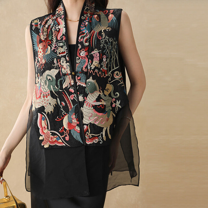 Vintažinės kinų stiliaus liemenės švarkas, susiūtas tinklelis, išsiuvinėtas sagtimi Tang kostiuminis paltas Vasarinė unikali moteriška liemenė be rankovių