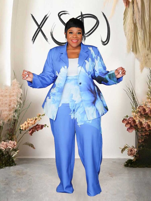 Rudens moteriškas mados kostiumas Elegantiškas ilgomis rankovėmis gėlėmis margintas kostiumas su kelnėmis, dviejų dalių derantis rinkinys, didelio dydžio laisvalaikio apranga