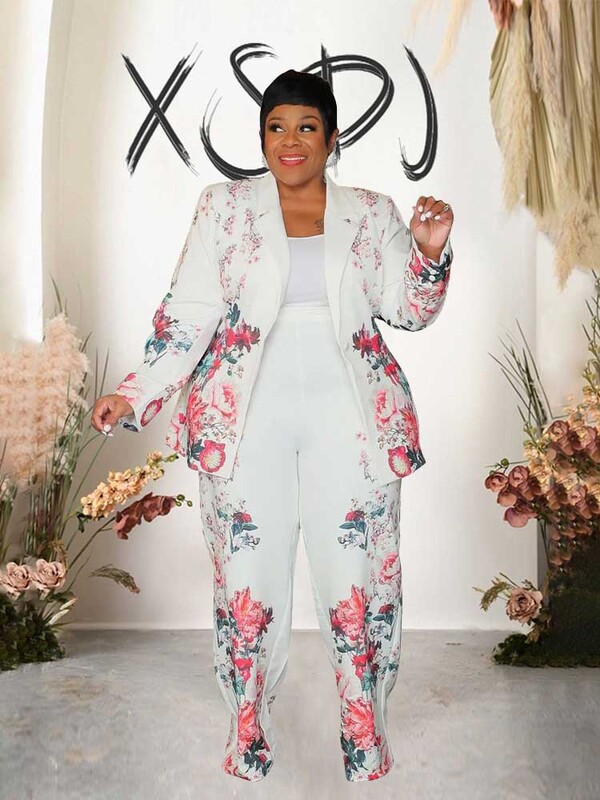 Rudens moteriškas mados kostiumas Elegantiškas ilgomis rankovėmis gėlėmis margintas kostiumas su kelnėmis, dviejų dalių derantis rinkinys, didelio dydžio laisvalaikio apranga