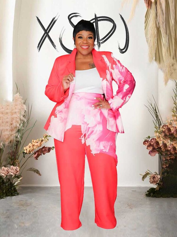 Rudens moteriškas mados kostiumas Elegantiškas ilgomis rankovėmis gėlėmis margintas kostiumas su kelnėmis, dviejų dalių derantis rinkinys, didelio dydžio laisvalaikio apranga