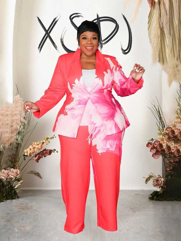 Rudens moteriškas mados kostiumas Elegantiškas ilgomis rankovėmis gėlėmis margintas kostiumas su kelnėmis, dviejų dalių derantis rinkinys, didelio dydžio laisvalaikio apranga