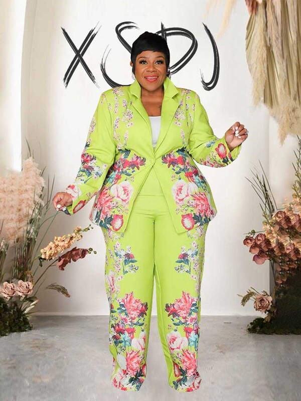 Rudens moteriškas mados kostiumas Elegantiškas ilgomis rankovėmis gėlėmis margintas kostiumas su kelnėmis, dviejų dalių derantis rinkinys, didelio dydžio laisvalaikio apranga