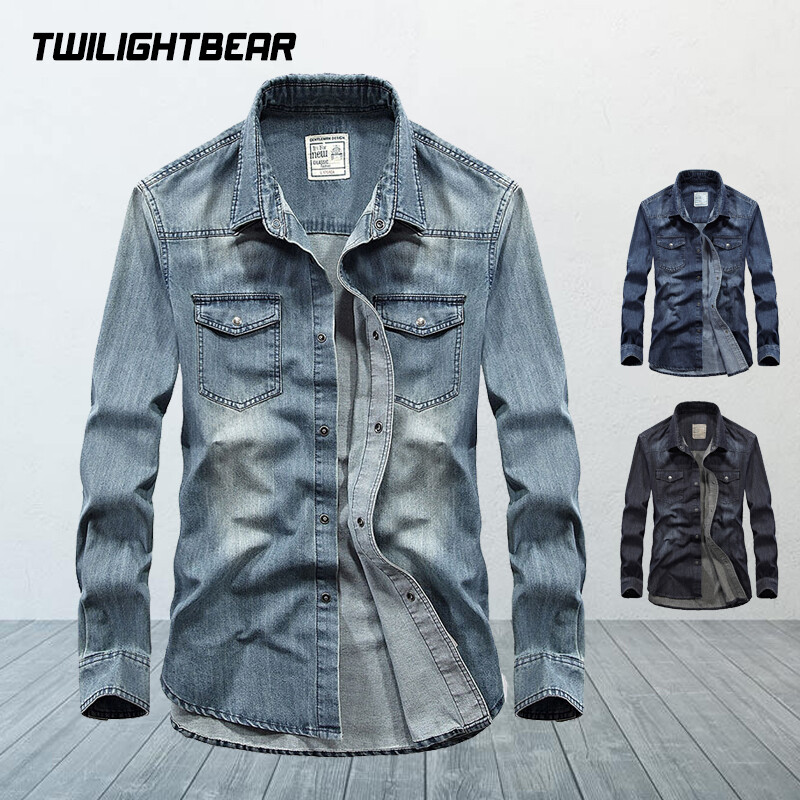 Augstas kvalitātes vīriešu džinsa krekls ar garām piedurknēm lielizmēra tīras kokvilnas virskrekls vienkrāsains ikdienas krekli Vīriešu apģērbs 4XL A2F6522