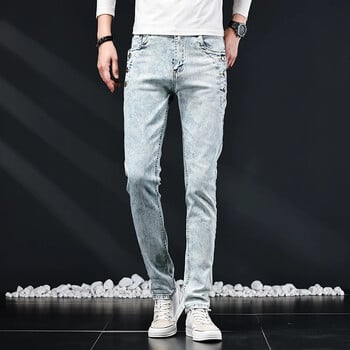 Slim Skinny Jeans Ανδρικό Νέο ελαστικό Κορεάτικο Σχέδιο Μόδα με πολλά κουμπιά Μπλε Λευκό Vintage Wash Βαμβακερό Stretch Παντελόνι Τζιν