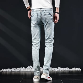 Slim Skinny Jeans Ανδρικό Νέο ελαστικό Κορεάτικο Σχέδιο Μόδα με πολλά κουμπιά Μπλε Λευκό Vintage Wash Βαμβακερό Stretch Παντελόνι Τζιν