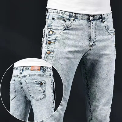 Slim Skinny Jeans Vīriešu Jaunas Elastīgas Korejas Dizaina Modes Daudzpogu Zila Balta Vintage Wash Kokvilnas Stretch Džinsu Bikses Bikses