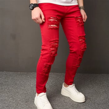 Ανδρικά Streetwear Holes Stretch Skinny Jeans Παντελόνια HipHop Distressed Κομψό Αντρικό τζόκινγκ Λεπτό μολύβι τζιν παντελόνι