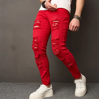 Ανδρικά Streetwear Holes Stretch Skinny Jeans Παντελόνια HipHop Distressed Κομψό Αντρικό τζόκινγκ Λεπτό μολύβι τζιν παντελόνι