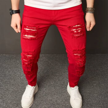 Ανδρικά Streetwear Holes Stretch Skinny Jeans Παντελόνια HipHop Distressed Κομψό Αντρικό τζόκινγκ Λεπτό μολύβι τζιν παντελόνι