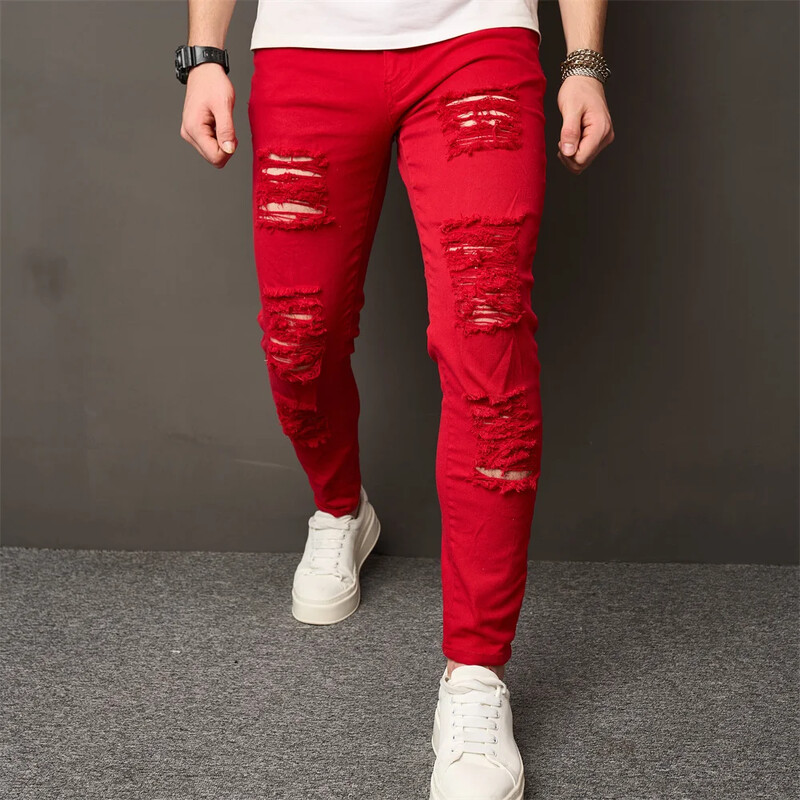 Vyriški gatvių aprangos skylutės tamprūs siauri džinsai kelnės HipHop sutrikęs stilingas vyriškas bėgiojantis plonas pieštukas džinsinės kelnės