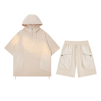 Ретро мъжки костюм с къси ръкави и половин цип в японски стил, свободна летна свободна тениска с качулка, шорти, костюм от две части