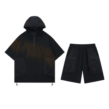 Ретро мъжки костюм с къси ръкави и половин цип в японски стил, свободна летна свободна тениска с качулка, шорти, костюм от две части