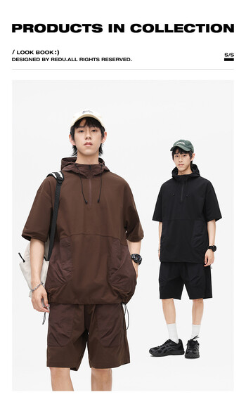 Ретро мъжки костюм с къси ръкави и половин цип в японски стил, свободна летна свободна тениска с качулка, шорти, костюм от две части