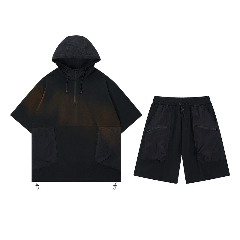 Ретро мъжки костюм с къси ръкави и половин цип в японски стил, свободна летна свободна тениска с качулка, шорти, костюм от две части