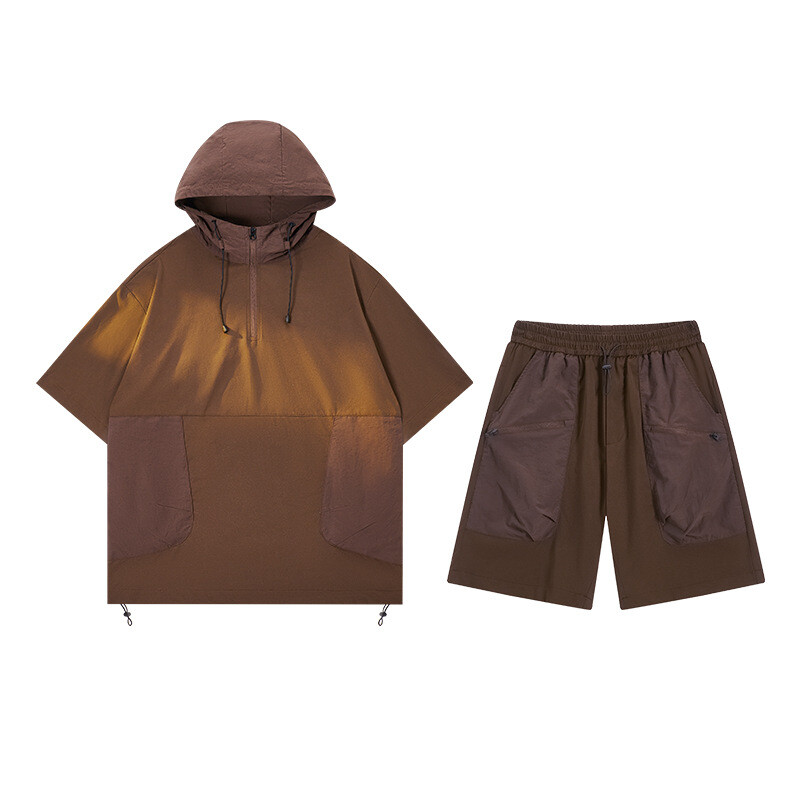 Ретро мъжки костюм с къси ръкави и половин цип в японски стил, свободна летна свободна тениска с качулка, шорти, костюм от две части