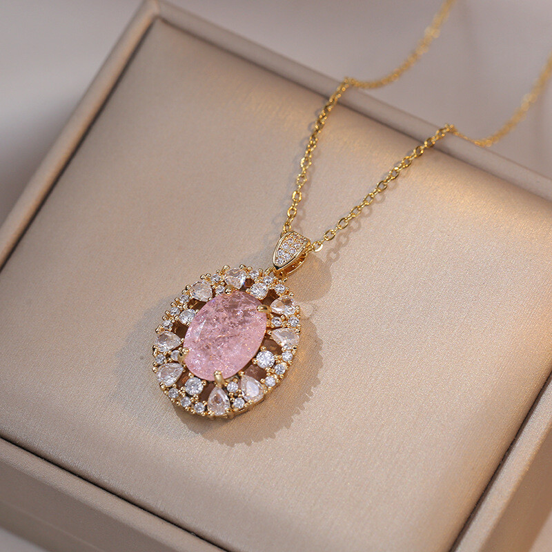 Колие за жени, розово циркониево цвете на интернет знаменитост, нишова мода, висулка с нов дизайн, темпераментен комплект, колие от титанова стомана