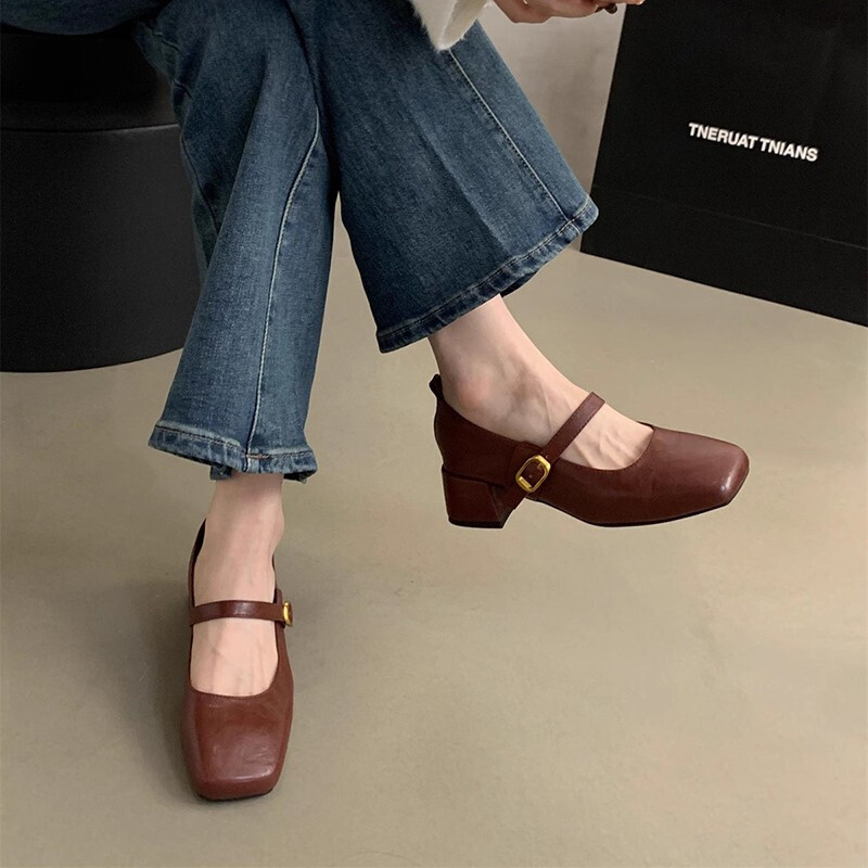 Ретро квадратни пръсти с плитка уста и дебел ток единични обувки за жени, пролет и есен, нови френски вечерни стилни приказно мека кожа, малки кожени обувки Mary Jane